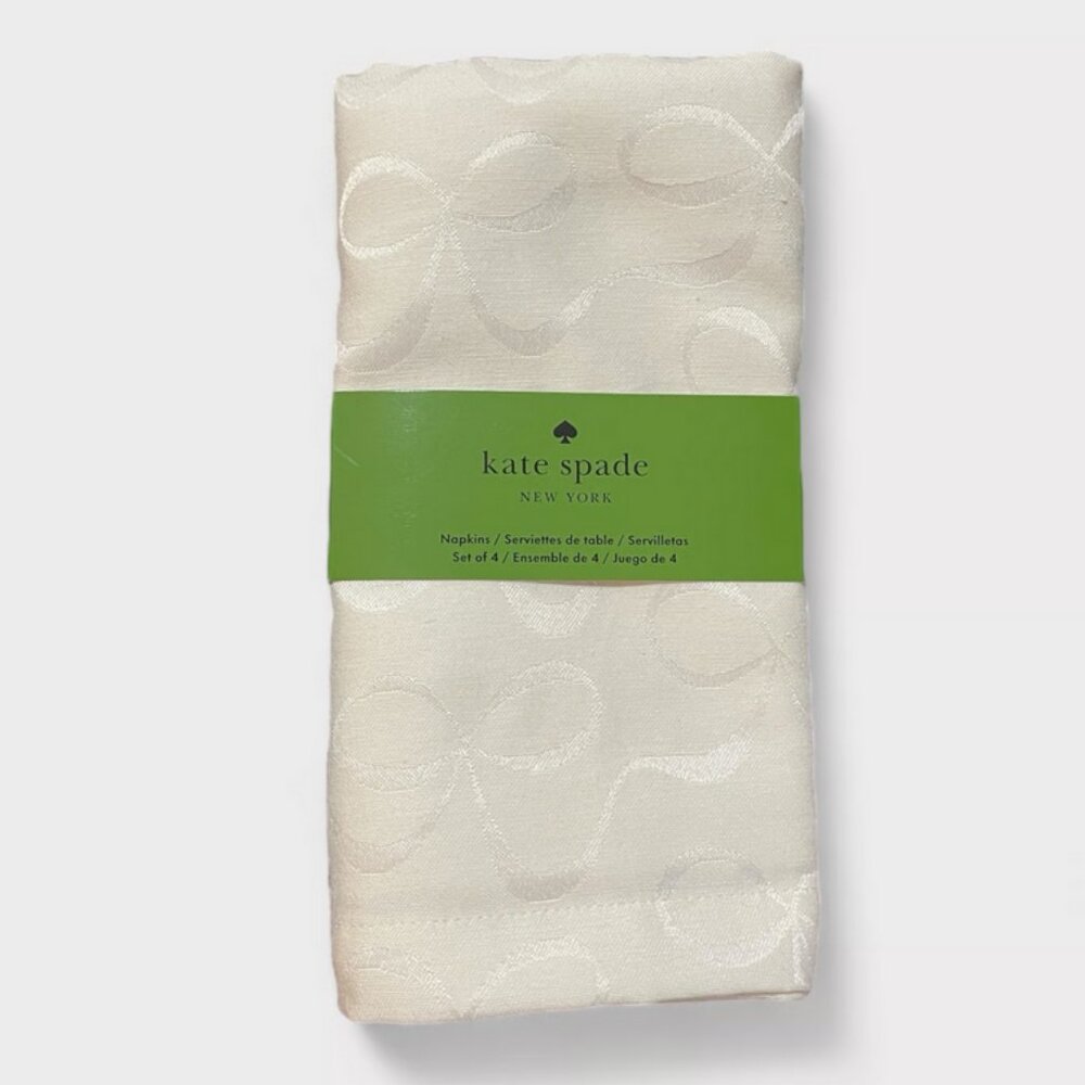 Kate Spade Set 4 Cloth Napkins All Wrapped Up Ivory Cream Ribbon Bow Party NEW